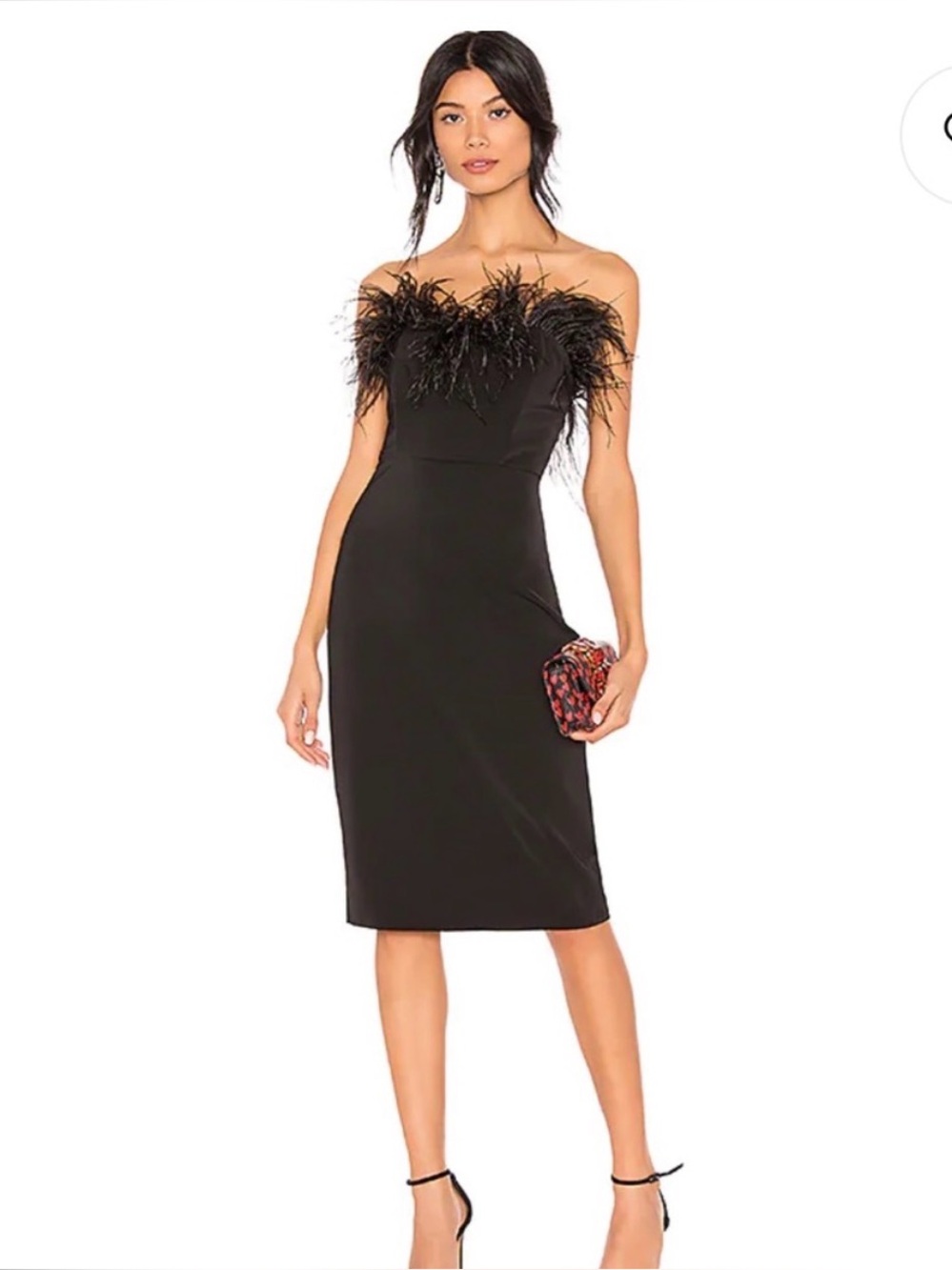 LPA Aurora Strapless Feather Midi Dress Large Black Cocktail Holiday Party NYE